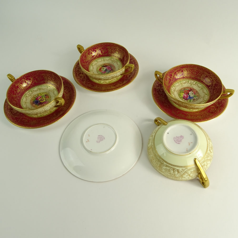 Set of Four (4) Circa 1925 Royal Worcester Hand Painted Cream Soup Bowls and Saucers.