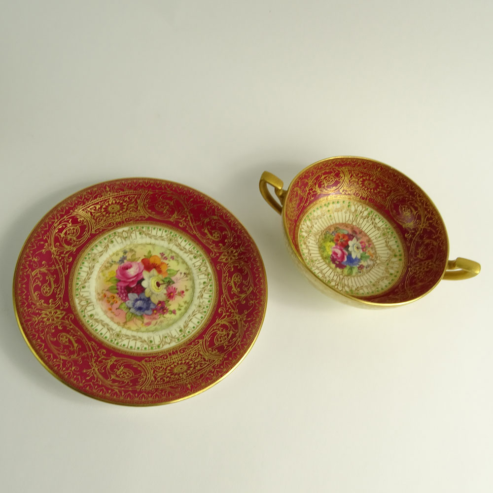 Set of Four (4) Circa 1925 Royal Worcester Hand Painted Cream Soup Bowls and Saucers.