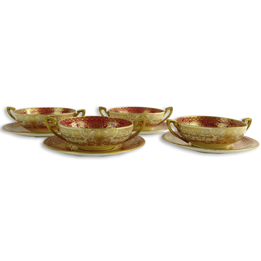 Set of Four (4) Circa 1925 Royal Worcester Hand Painted Cream Soup Bowls and Saucers.