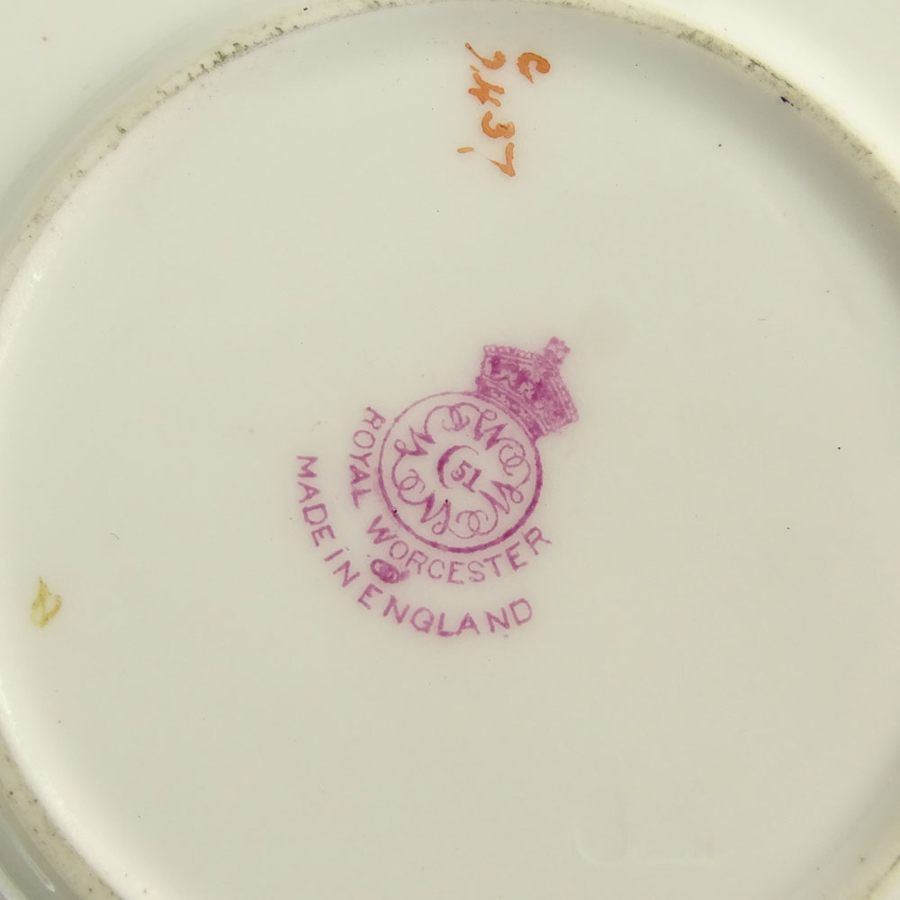 Set of Four (4) Circa 1925 Royal Worcester Hand Painted Cream Soup Bowls and Saucers.