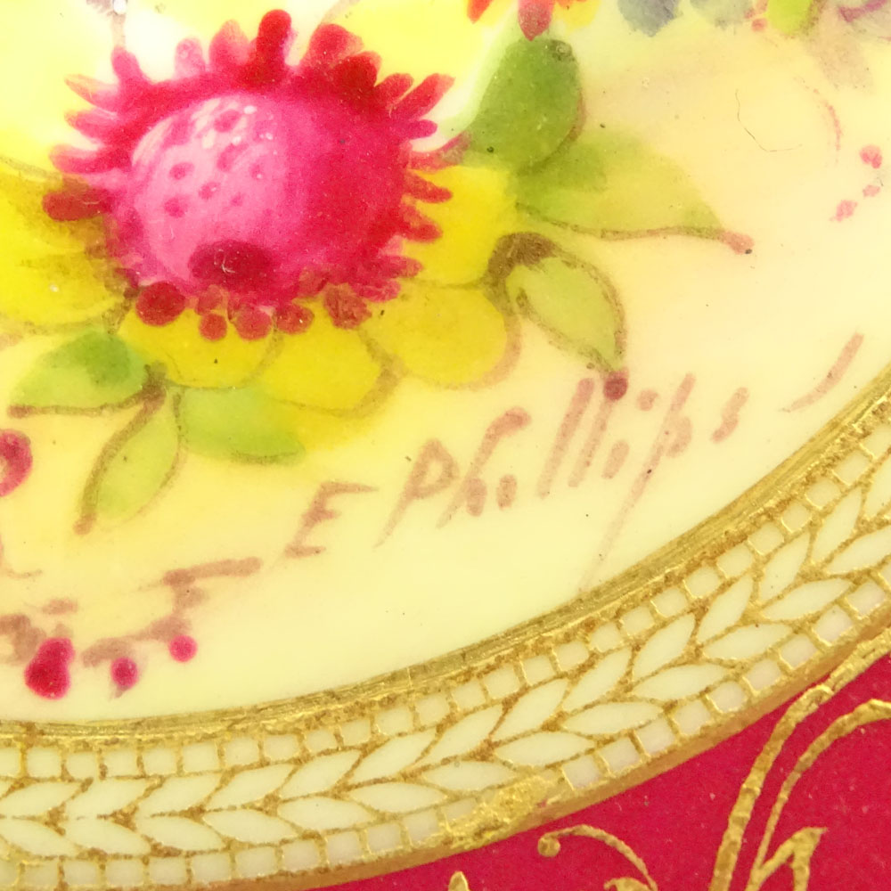 Set of Four (4) Circa 1925 Royal Worcester Hand Painted Cream Soup Bowls and Saucers.