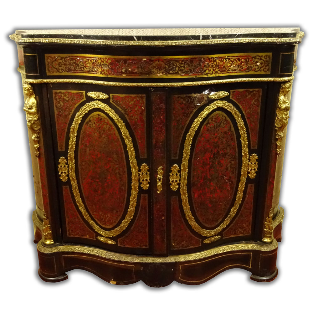 19/20th Century French Bronze Mounted 2 Door Boule Style Cabinet With Later Marble Top.