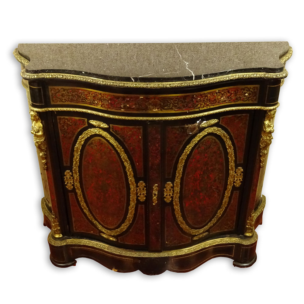 19/20th Century French Bronze Mounted 2 Door Boule Style Cabinet With Later Marble Top.