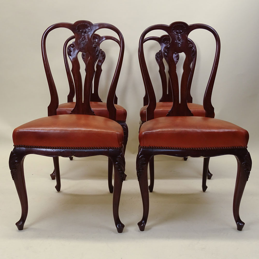 Set of 4 Early to Mid 20th C Queen Anne Style Chairs. Leather seats.