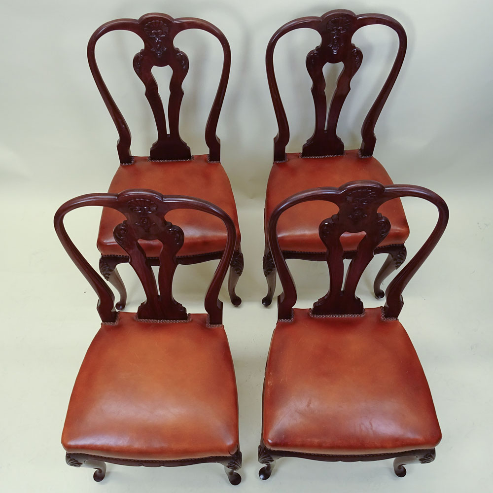 Set of 4 Early to Mid 20th C Queen Anne Style Chairs. Leather seats.