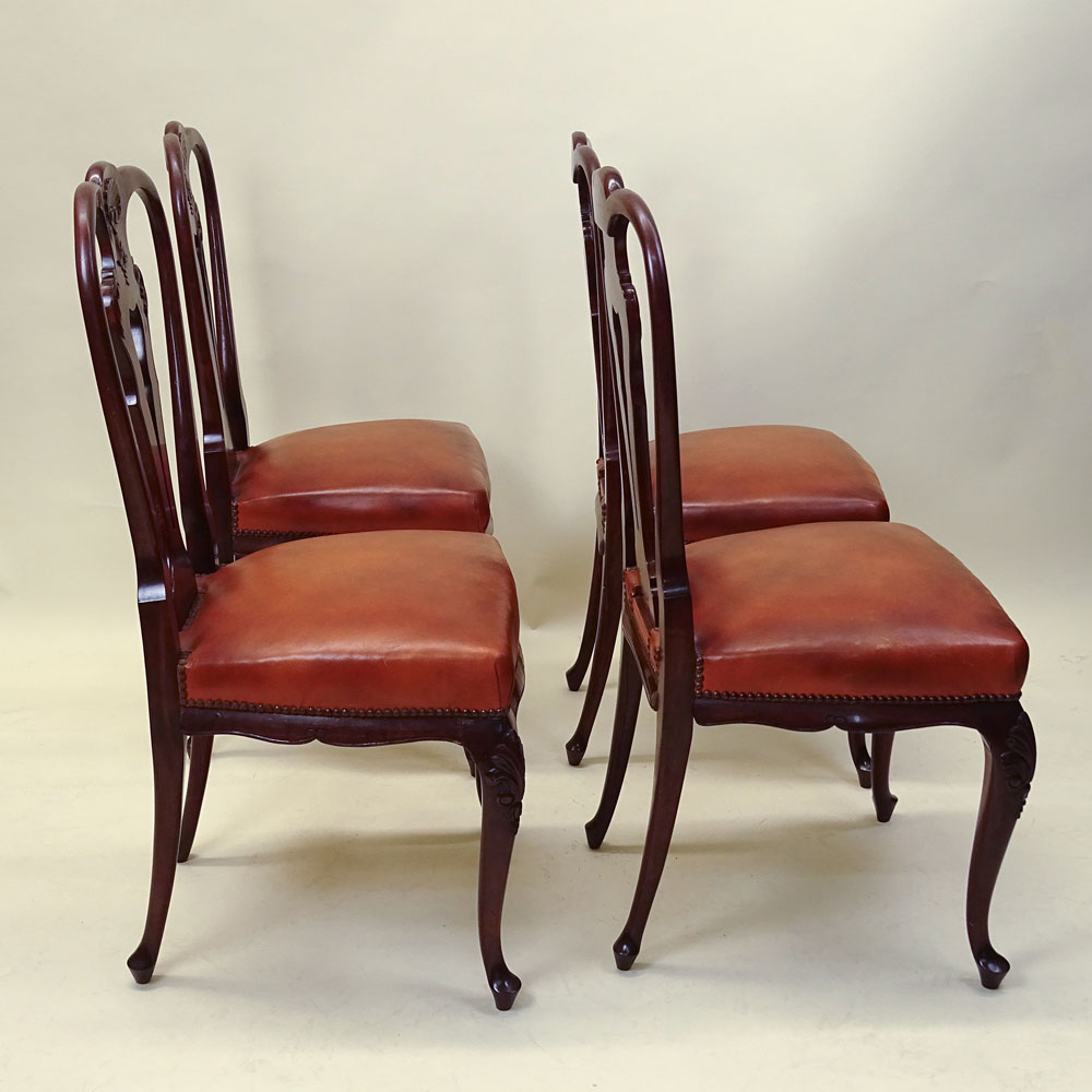 Set of 4 Early to Mid 20th C Queen Anne Style Chairs. Leather seats.