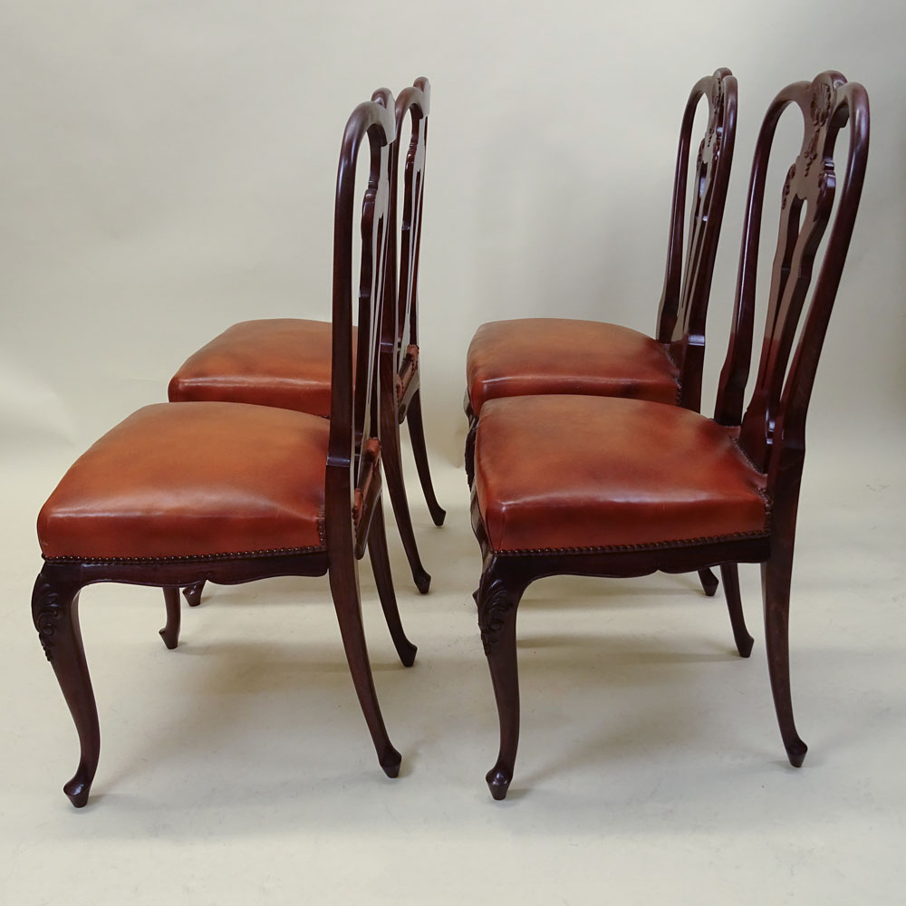Set of 4 Early to Mid 20th C Queen Anne Style Chairs. Leather seats.