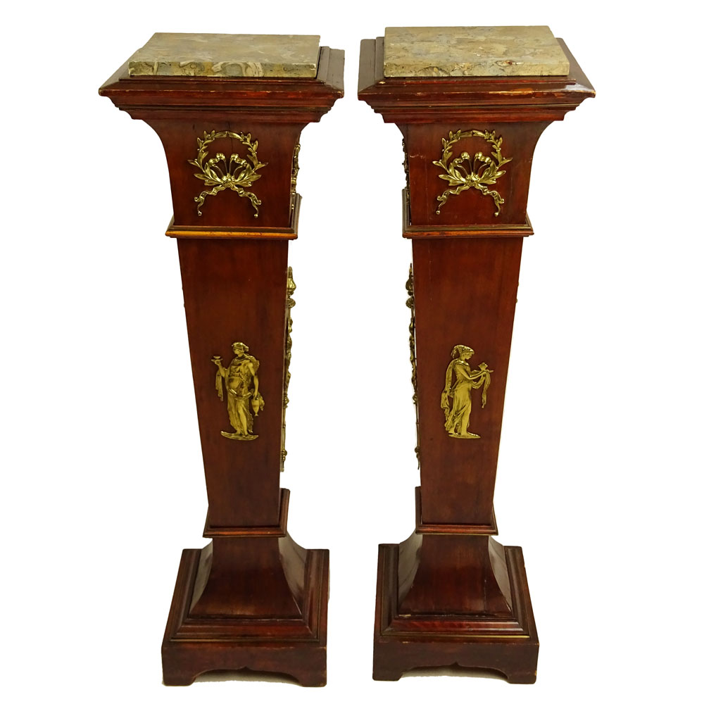 Pair of Vintage Neo-Classical Style Bronze Mounted Pedestal With Marble Top.