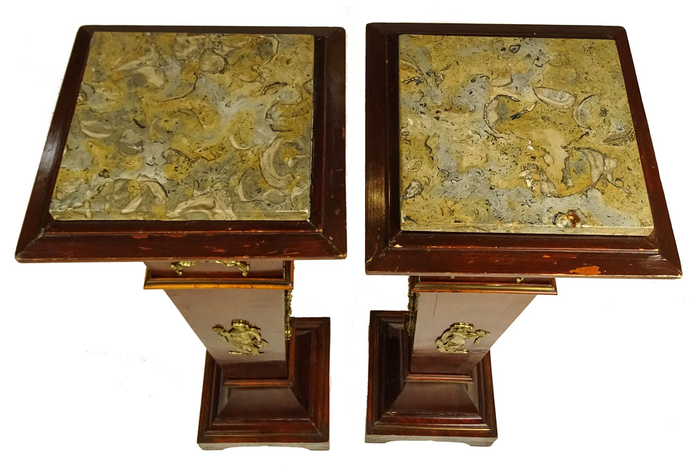 Pair of Vintage Neo-Classical Style Bronze Mounted Pedestal With Marble Top.