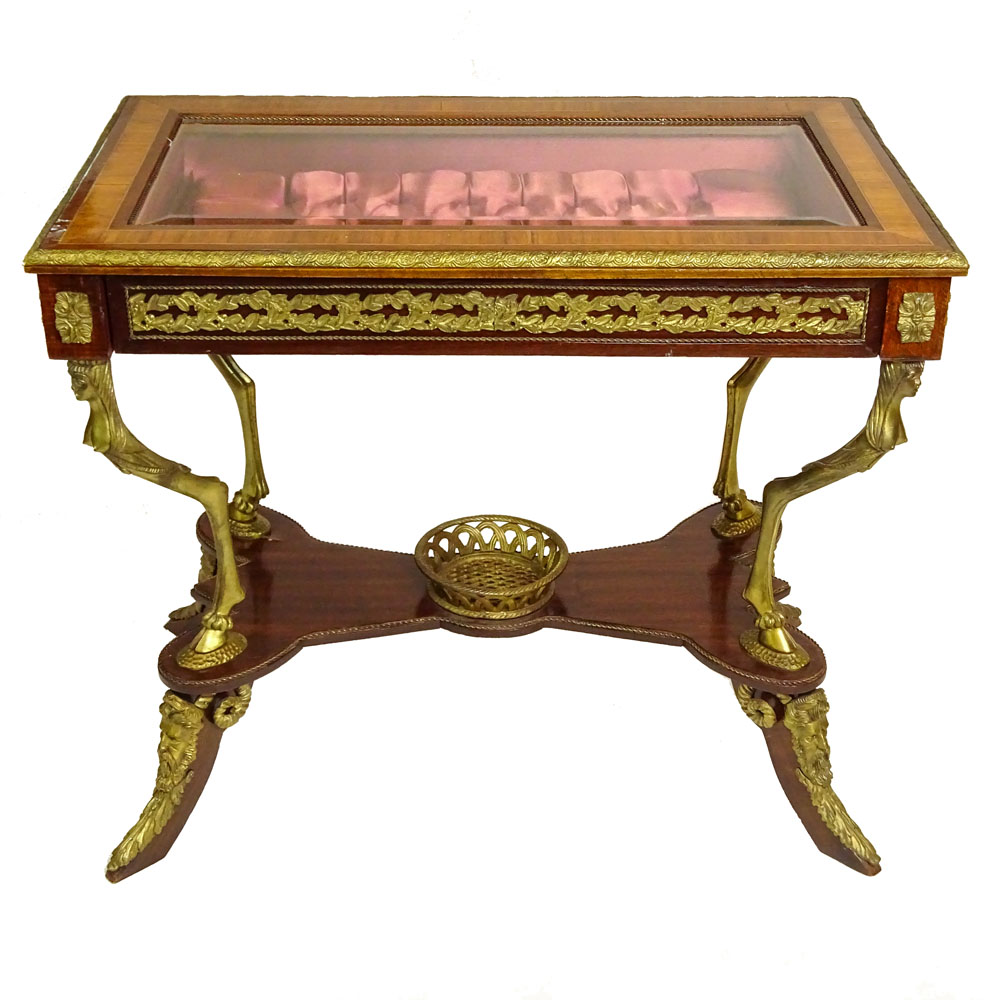 Modern Bronze Mounted Inlaid Mahogany Vitrine Table. Unsigned.