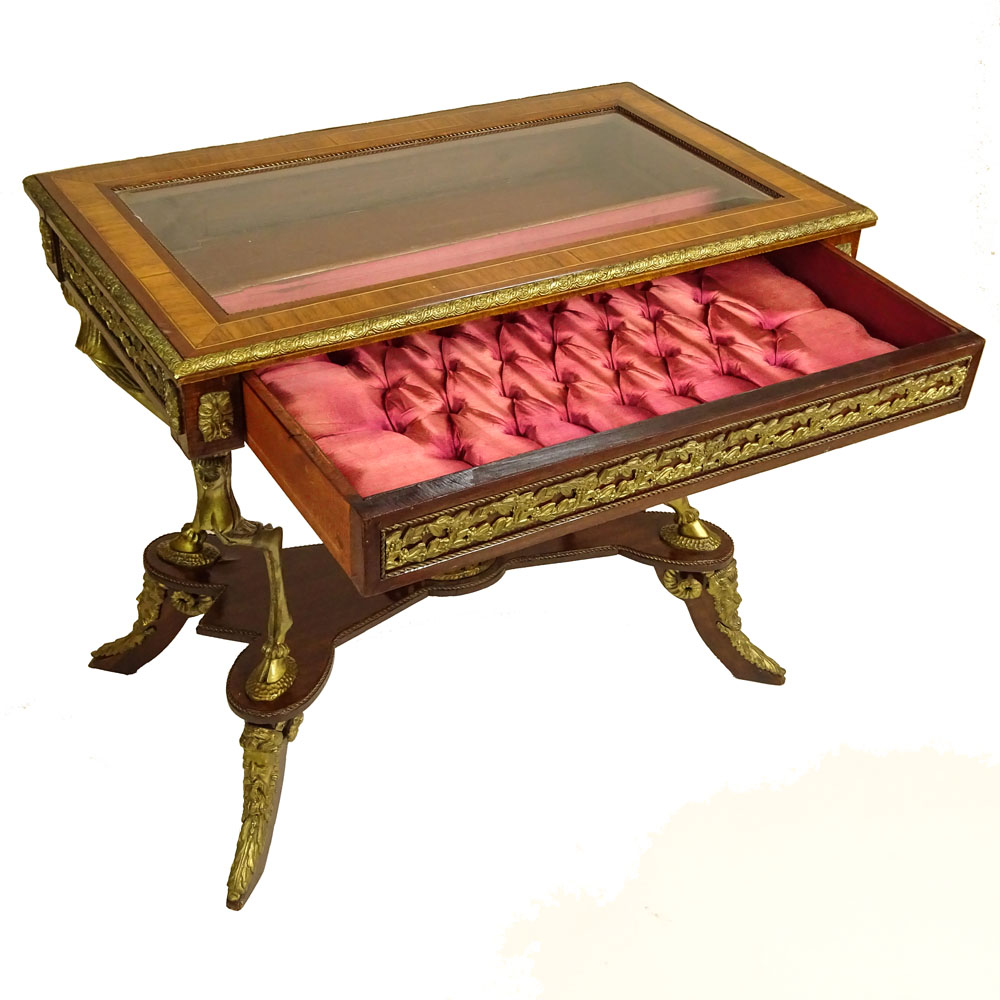Modern Bronze Mounted Inlaid Mahogany Vitrine Table. Unsigned.