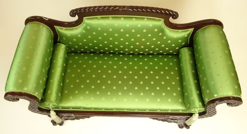 Early 20th Century American Federal Style Carved Wood Love Seat with Silk Upholstery.