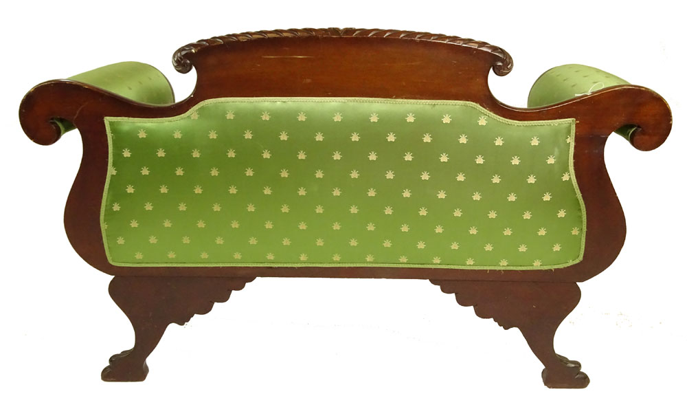 Early 20th Century American Federal Style Carved Wood Love Seat with Silk Upholstery.