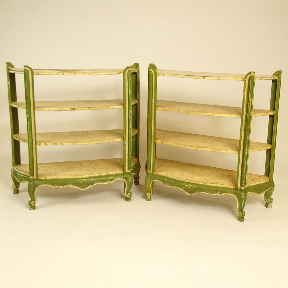 Pair of early to mid 20th Century Louis XV style distress painted wood etageres.