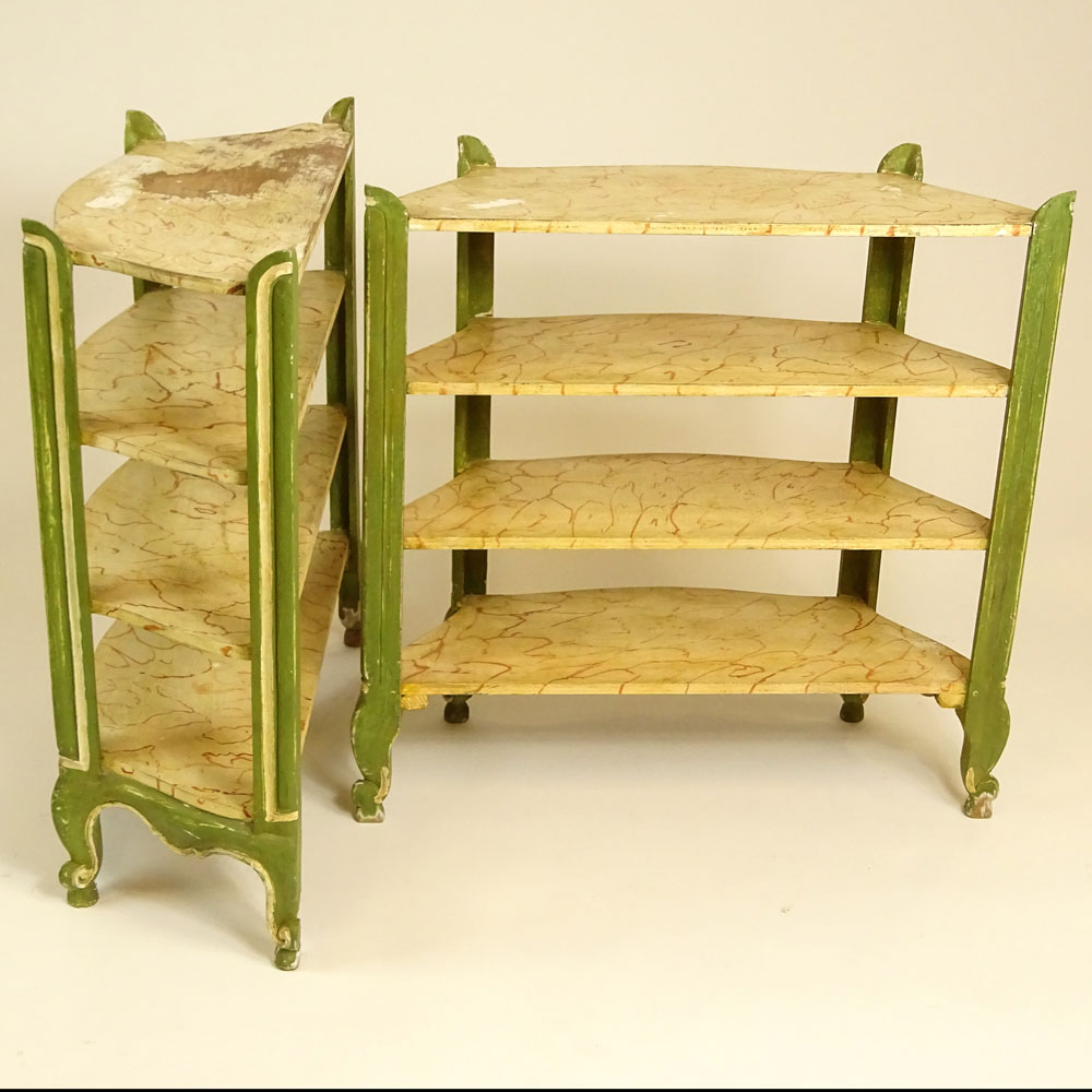 Pair of early to mid 20th Century Louis XV style distress painted wood etageres.