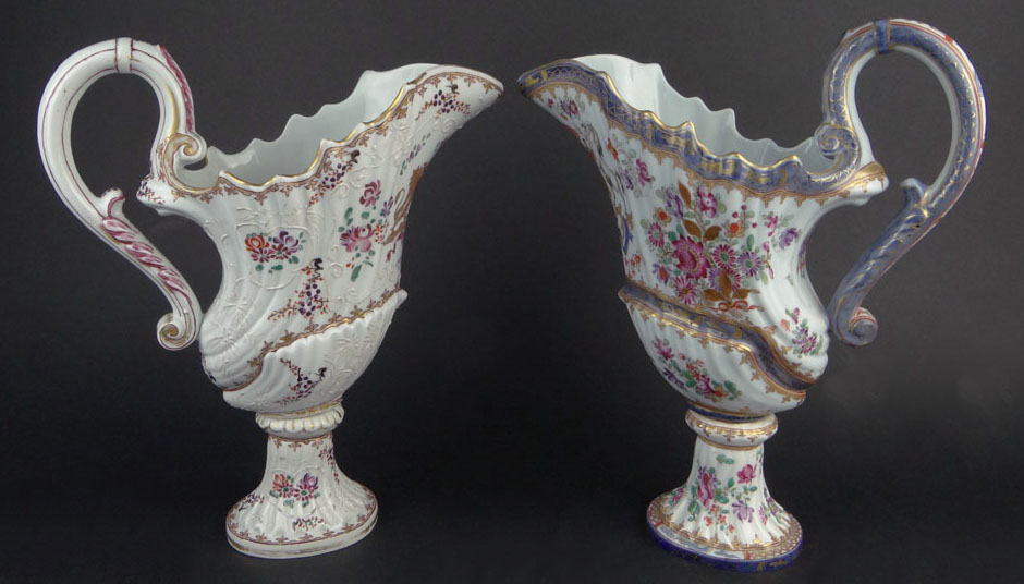 Two (2) French Samson Porcelain Ewers with Painted Floral Decoration and Coats of Arms.