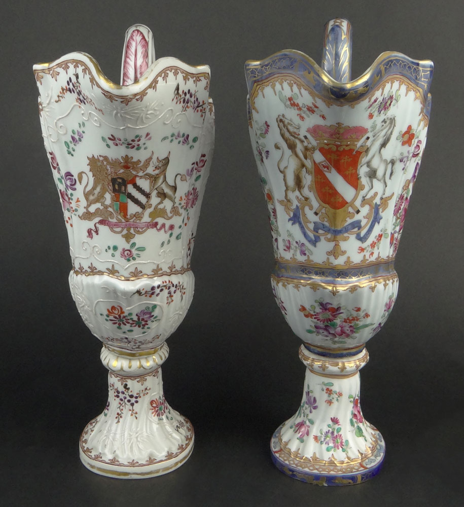 Two (2) French Samson Porcelain Ewers with Painted Floral Decoration and Coats of Arms.