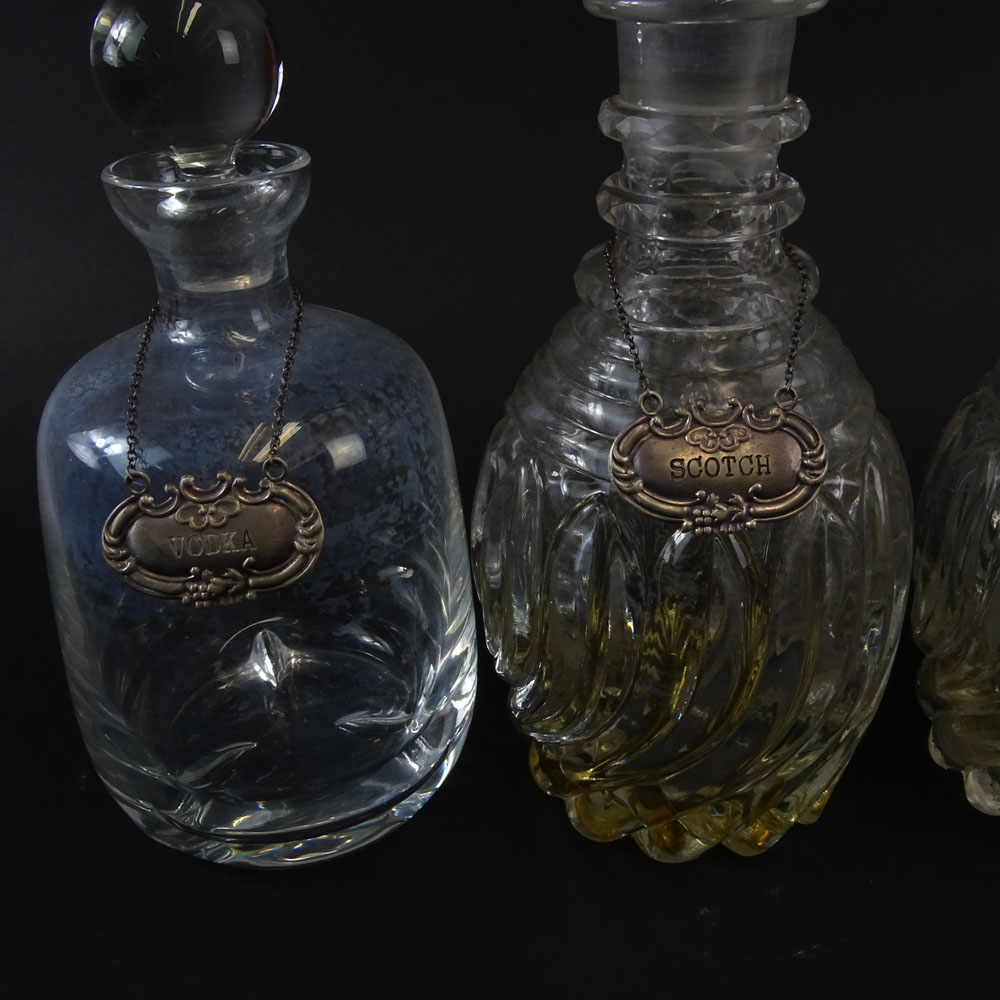 2 Pair Vintage Glass Liquor Decanters, each with sterling silver labels. 