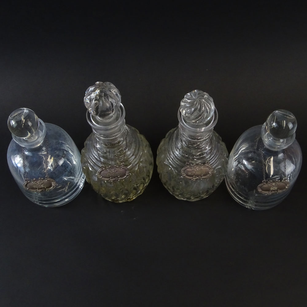 2 Pair Vintage Glass Liquor Decanters, each with sterling silver labels. 
