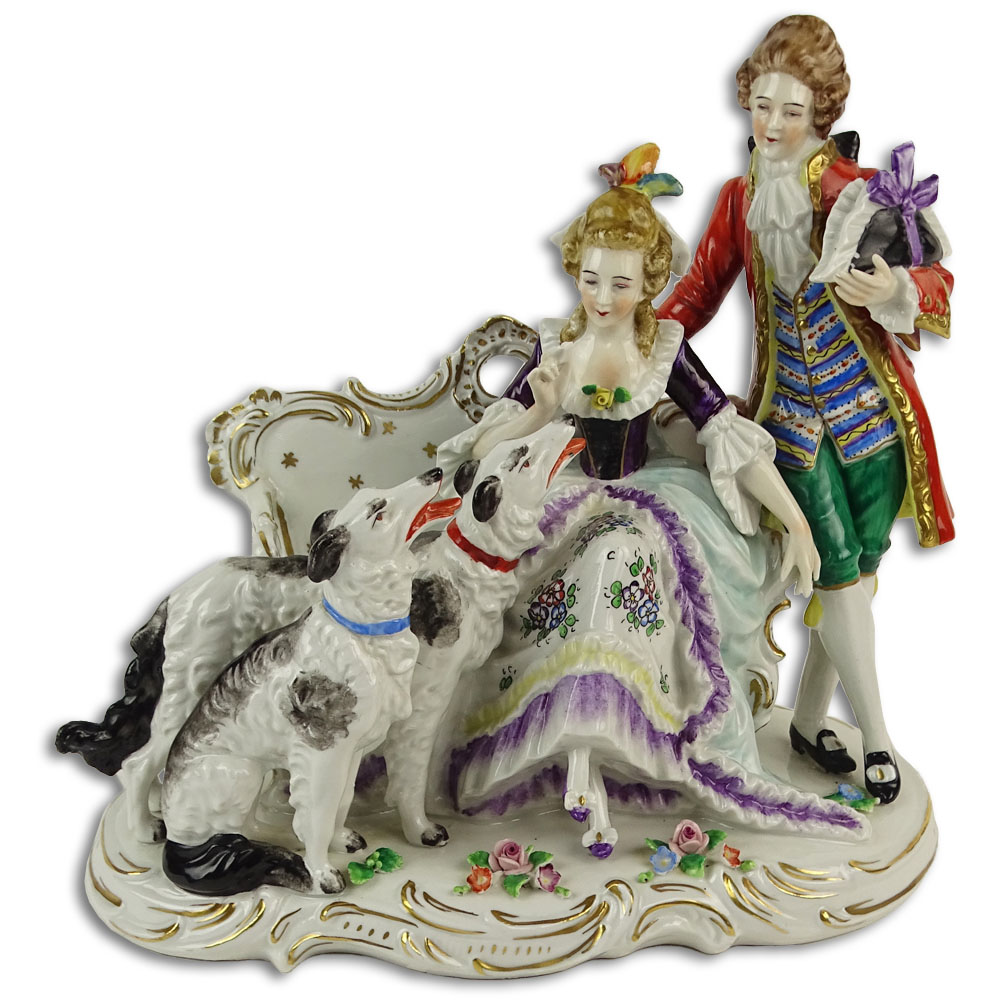 Vintage Capodimonte Porcelain Group "Man & Woman with Dogs" 