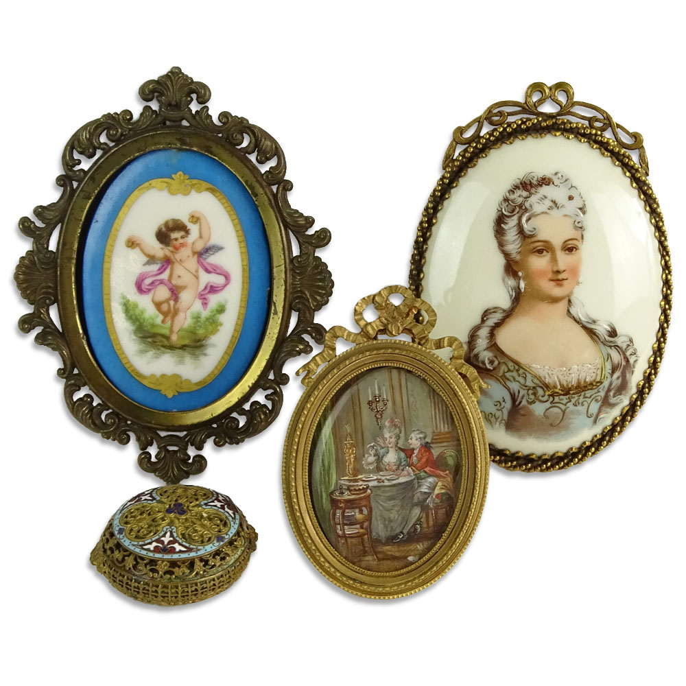 Lot of 4 Vintage Tabletop Miniatures. Includes framed Limoges transferware porcelain portrait.
