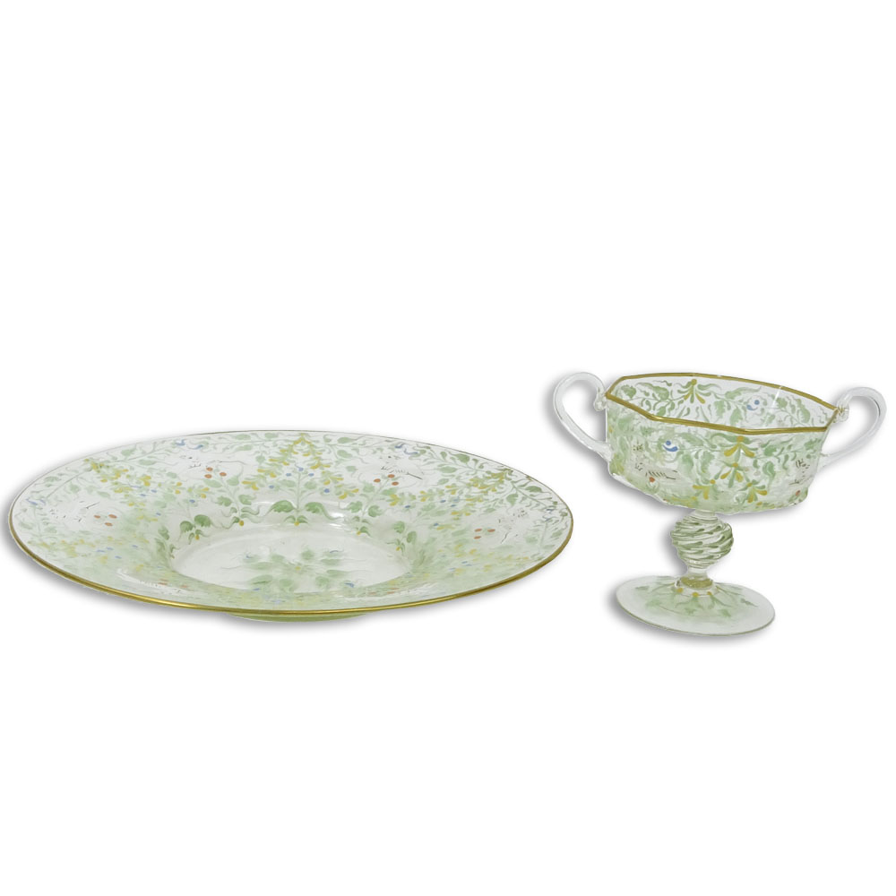 Vintage Hand painted Venetian Glass Plate and Cup Set.