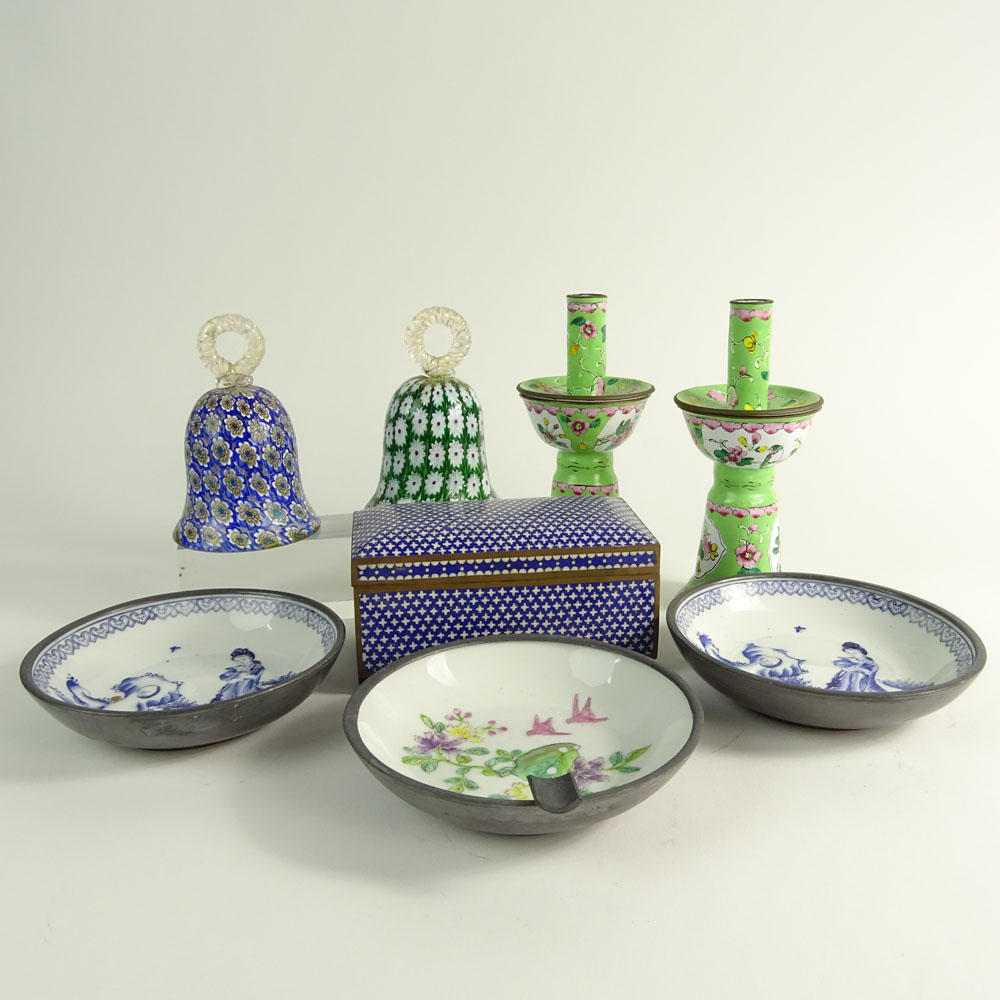 Miscellaneous Lot of 8 table top items. Includes a pair of enameled candlesticks.