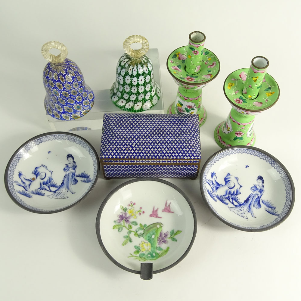 Miscellaneous Lot of 8 table top items. Includes a pair of enameled candlesticks.