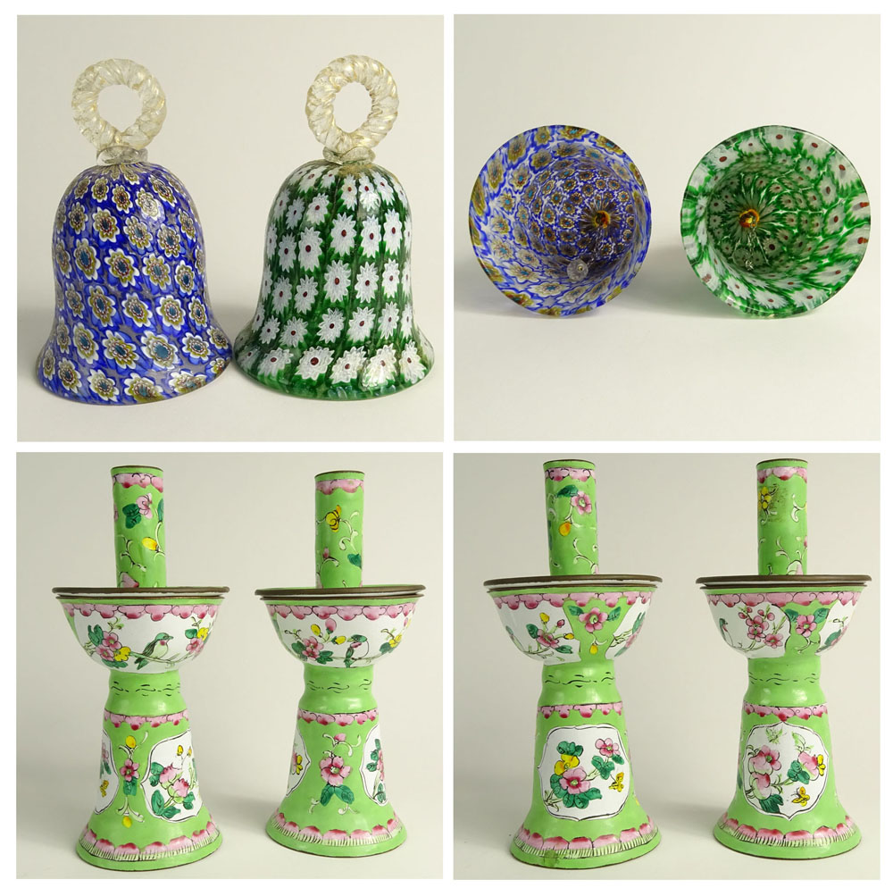 Miscellaneous Lot of 8 table top items. Includes a pair of enameled candlesticks.
