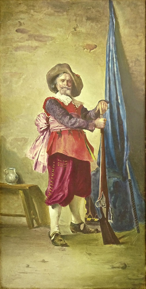 Large Circa 1870 Probably French Painted Porcelain Plaque "Cavalier with Musket". 