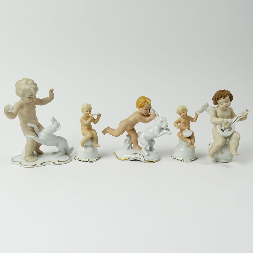 Lot of Five (5) Vintage German Porcelain Cherub Figurines.