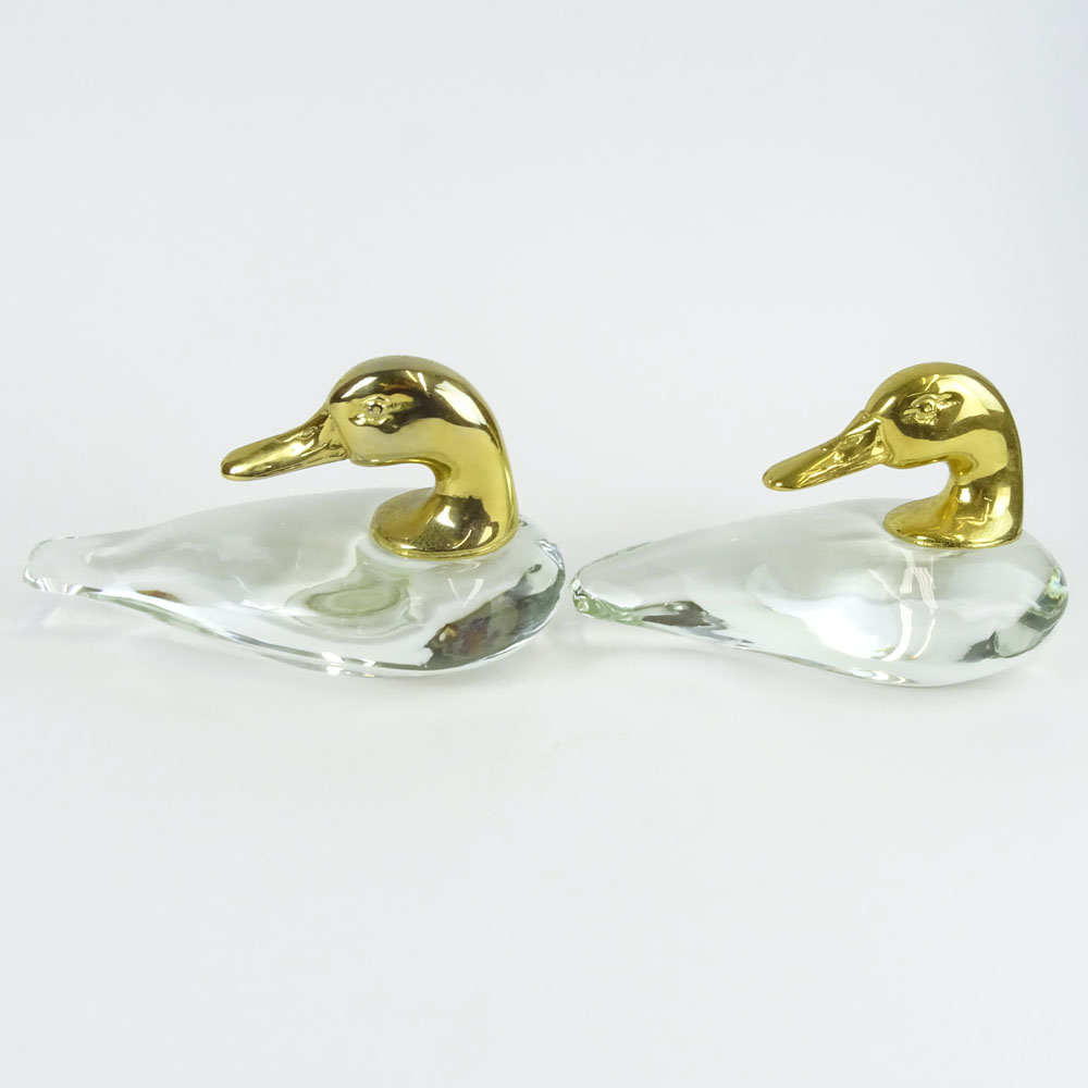 Pair of Vintage Glass and Brass Duck Figurines.