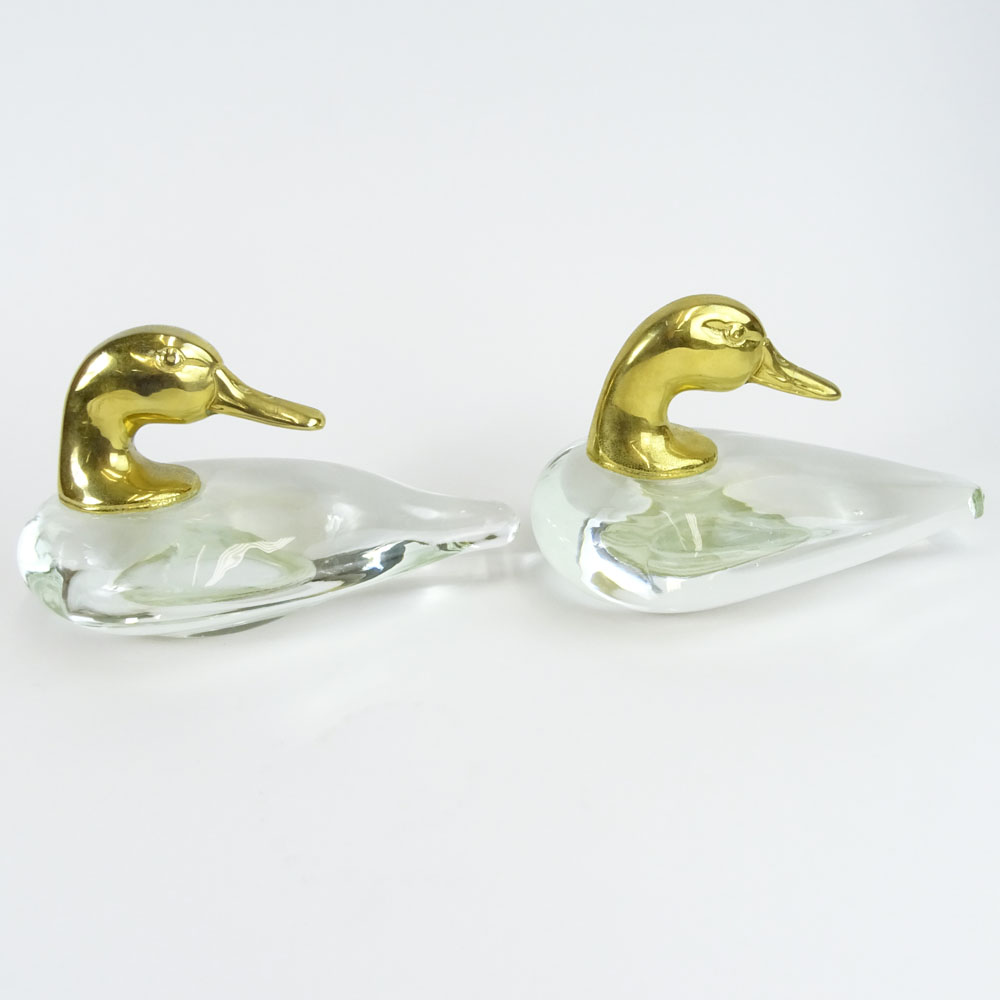 Pair of Vintage Glass and Brass Duck Figurines.