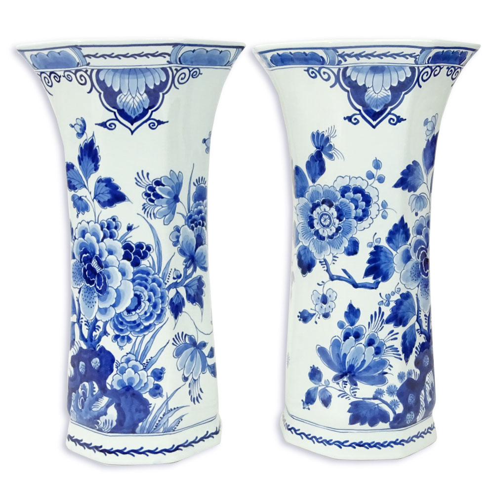 Pair of Delft Blue & White Octagonal Flared Rim Vases.