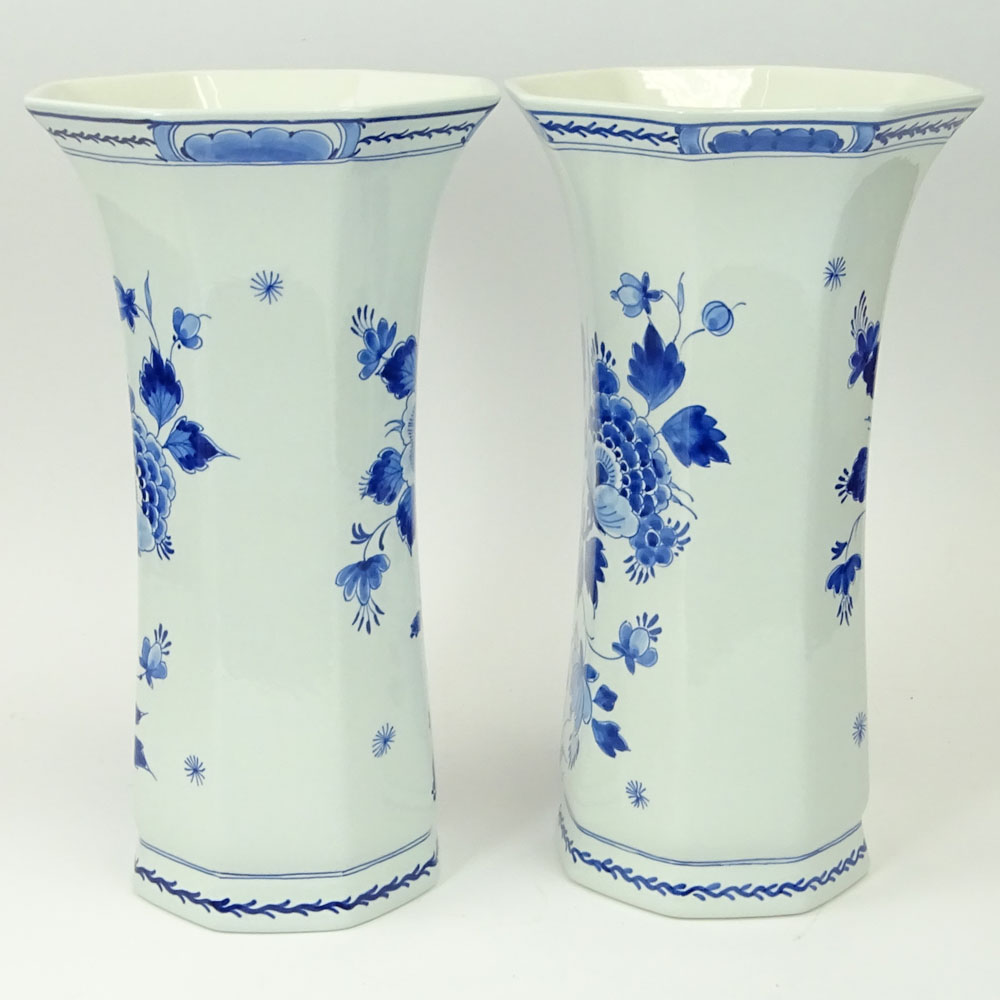 Pair of Delft Blue & White Octagonal Flared Rim Vases.
