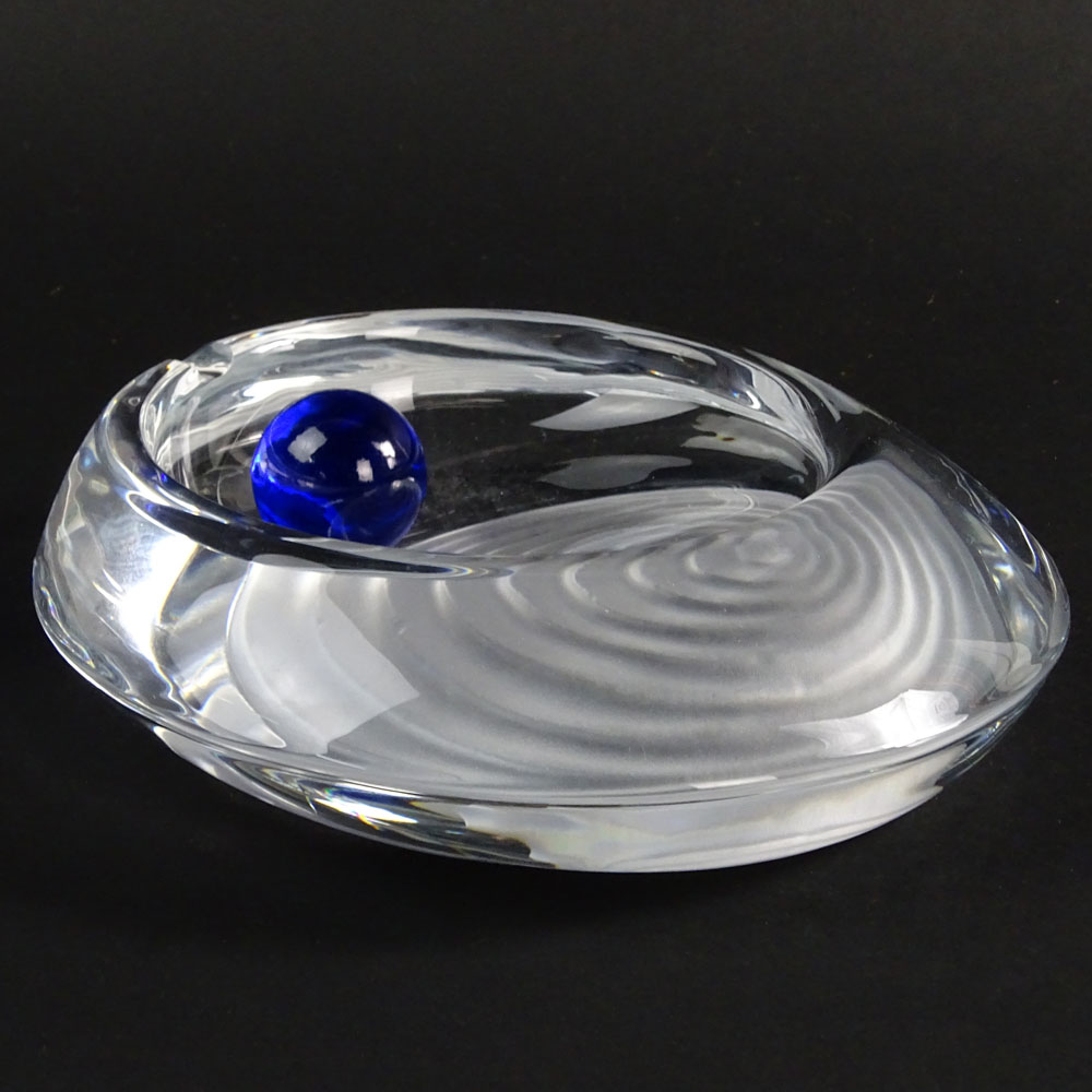Daum France Crystal Mid Century Modern Ashtray With Blue Ball.