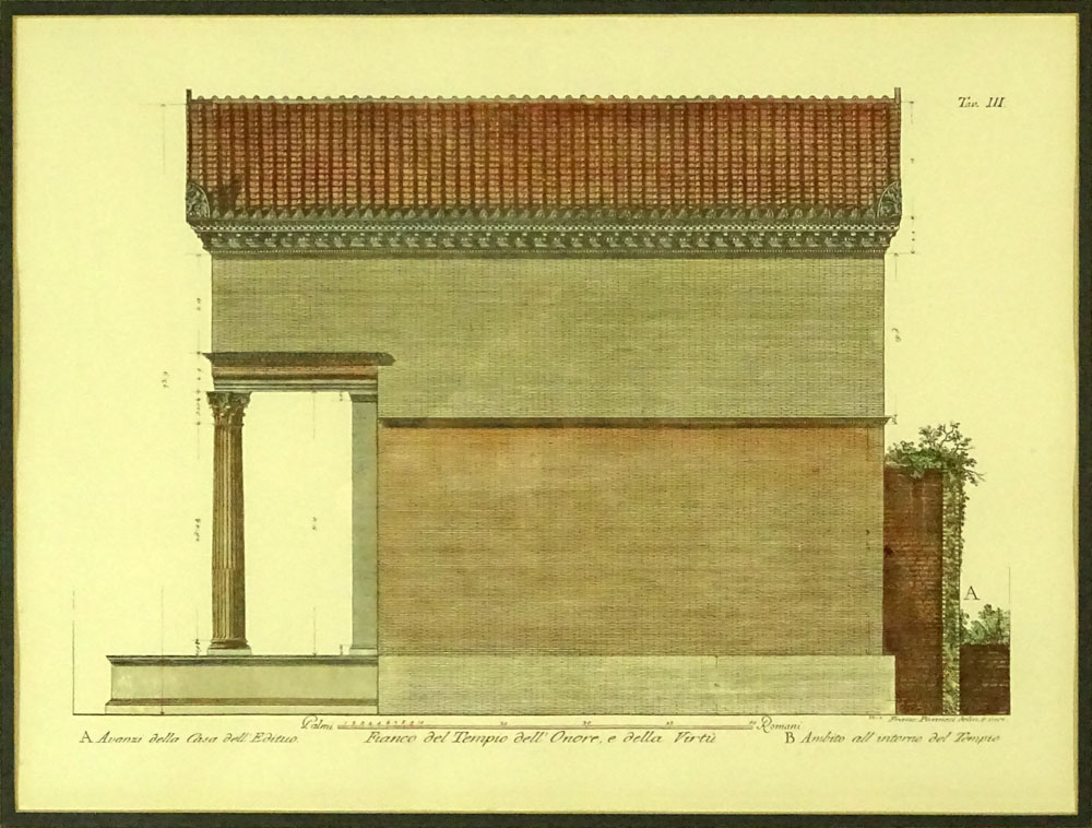 after: Giovanni Battista Piranesi, Italian (1720-1778) 18/19th Century Hand Colored Engraving "Fianco del Tempio Dell Onore, E della Virtu." 