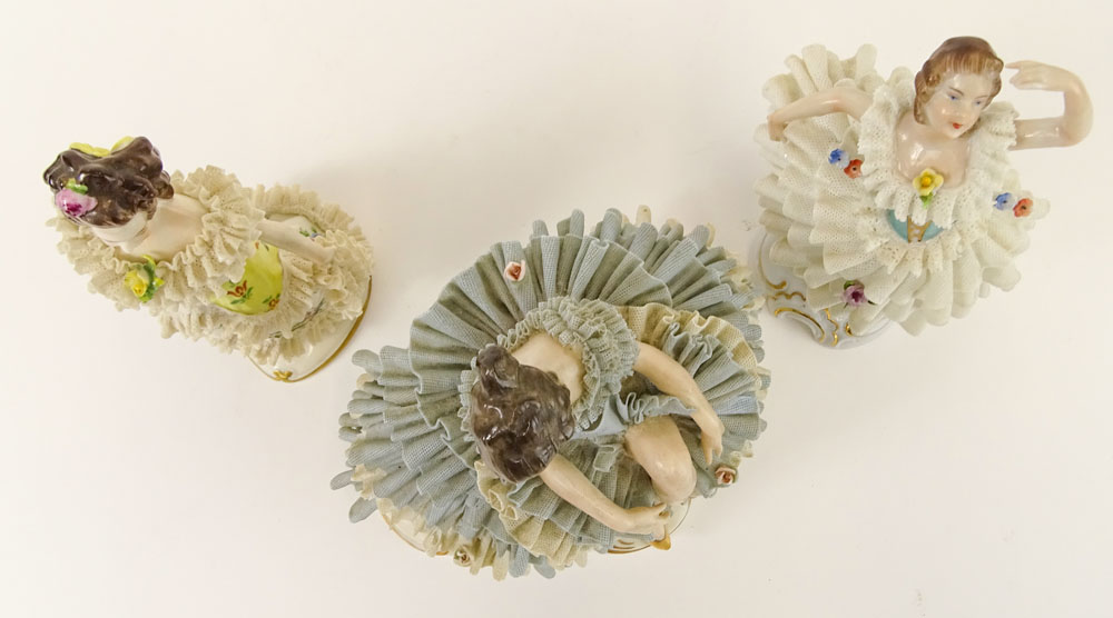 Lot of Three (3) Vintage Dresden Porcelain Lace Ladies.