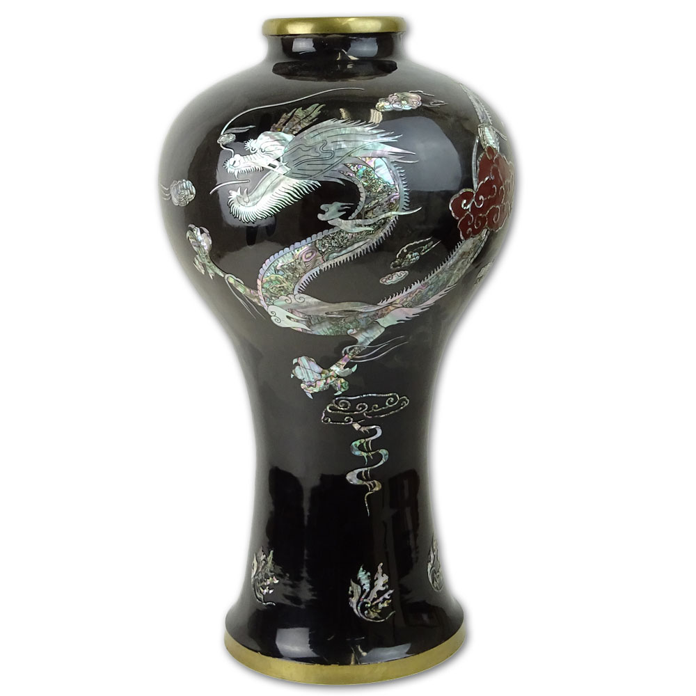 Large Mid 20th Century Korean Mother of Pearl Inlaid Enamel Vase.