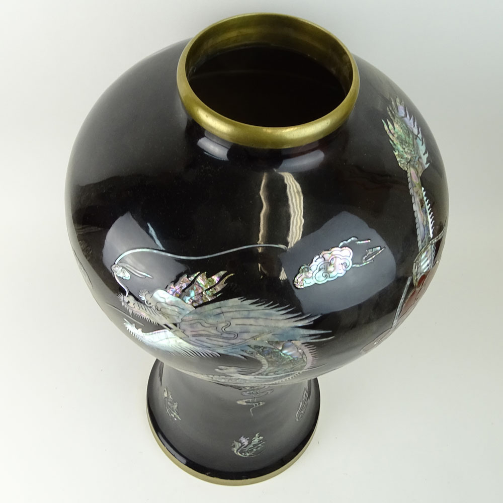 Large Mid 20th Century Korean Mother of Pearl Inlaid Enamel Vase.