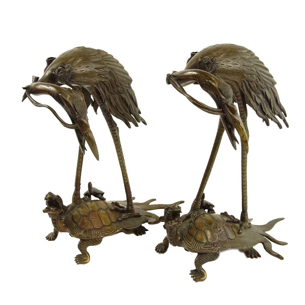 Pair of Mid 20th Century Japanese Bronze Figurines "Crane on Turtle" 