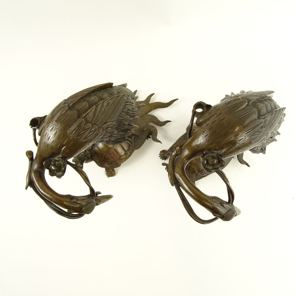 Pair of Mid 20th Century Japanese Bronze Figurines "Crane on Turtle" 