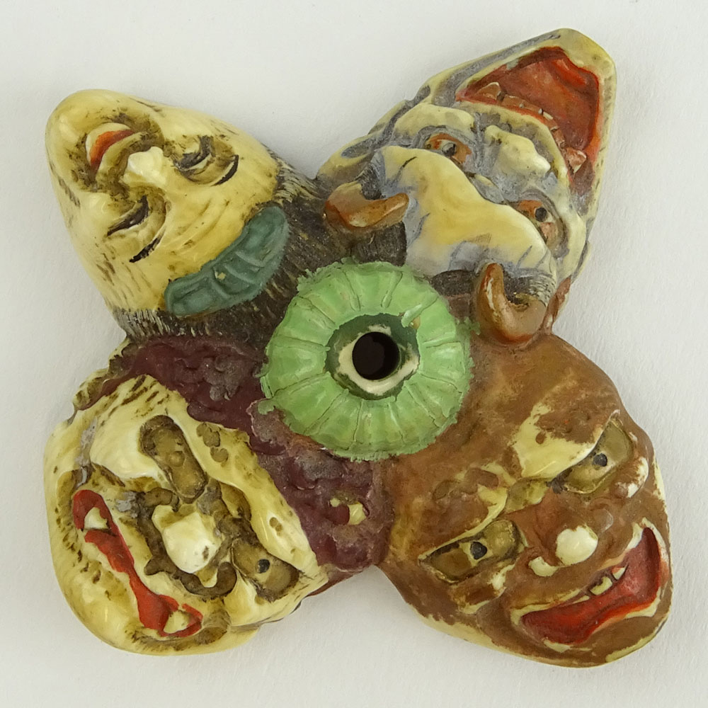 Vintage Japanese Carved Ivory Netsuke. Polychromed. Four Masks.