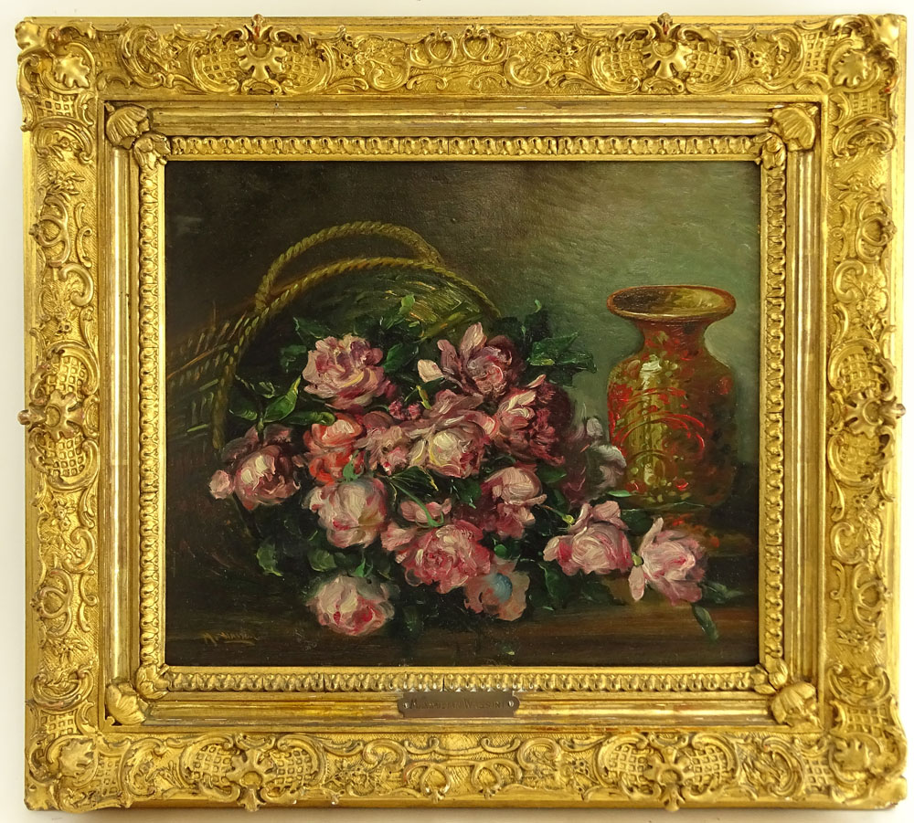 Maximillian Wassini (20th C) Oil on artist board. "Still Life - Basket of Flowers" 