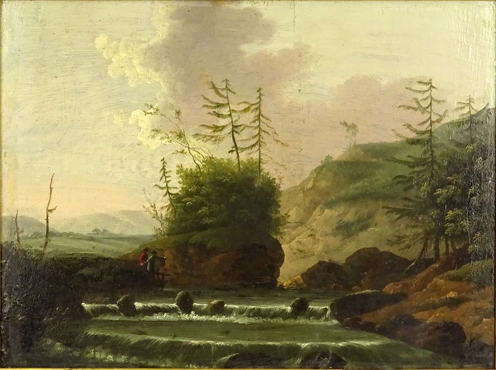 after: Marco Ricci, Italian (1676-1729) Oil on Cradled Panel "Landscape With Figures Along A Steam". 