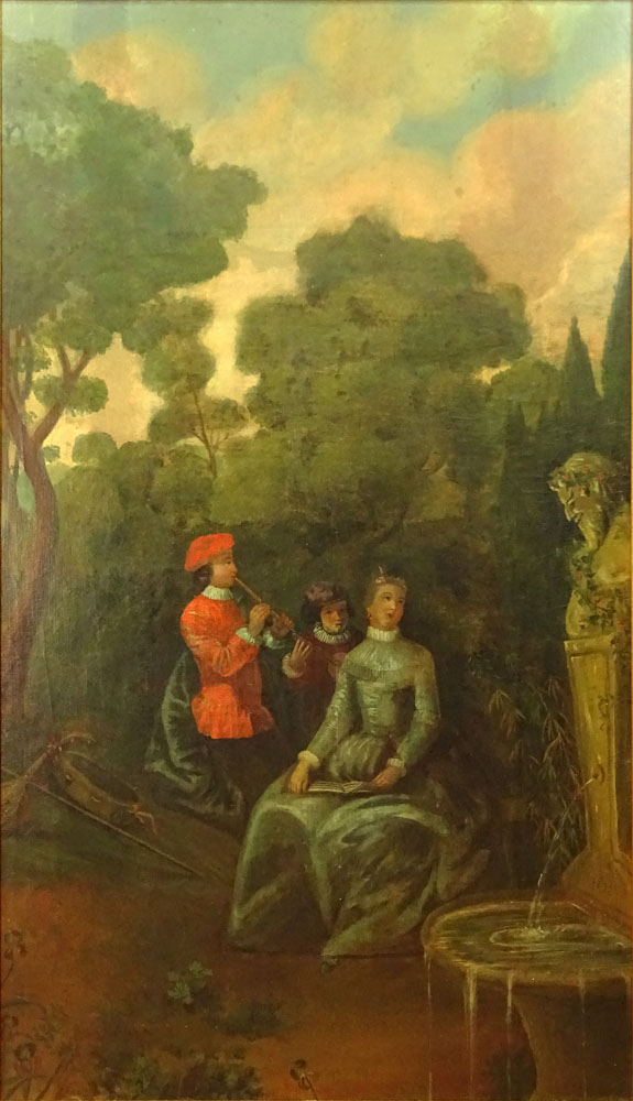 17th Century Style French Boiserie Oil on Canvas. "Garden Landscape With Figures"