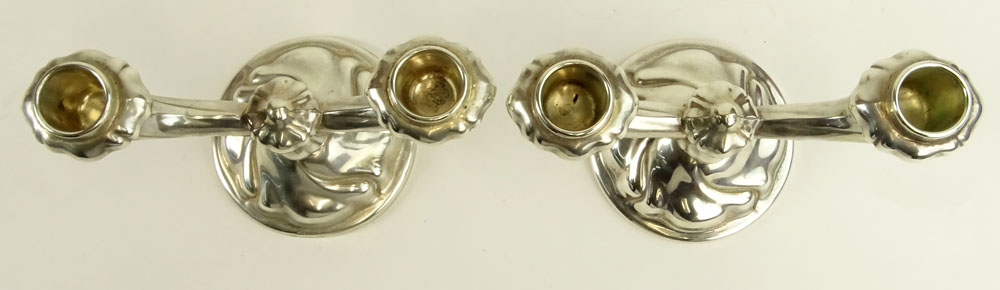 Pair German 835 Silver 2 Light Candlesticks. Signed 835. Light dings, bottoms with metal plates.