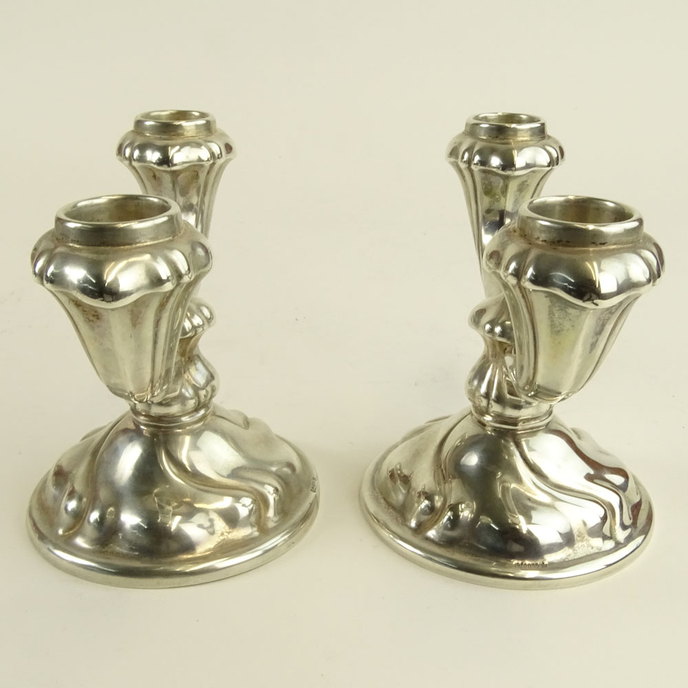 Pair German 835 Silver 2 Light Candlesticks. Signed 835. Light dings, bottoms with metal plates.