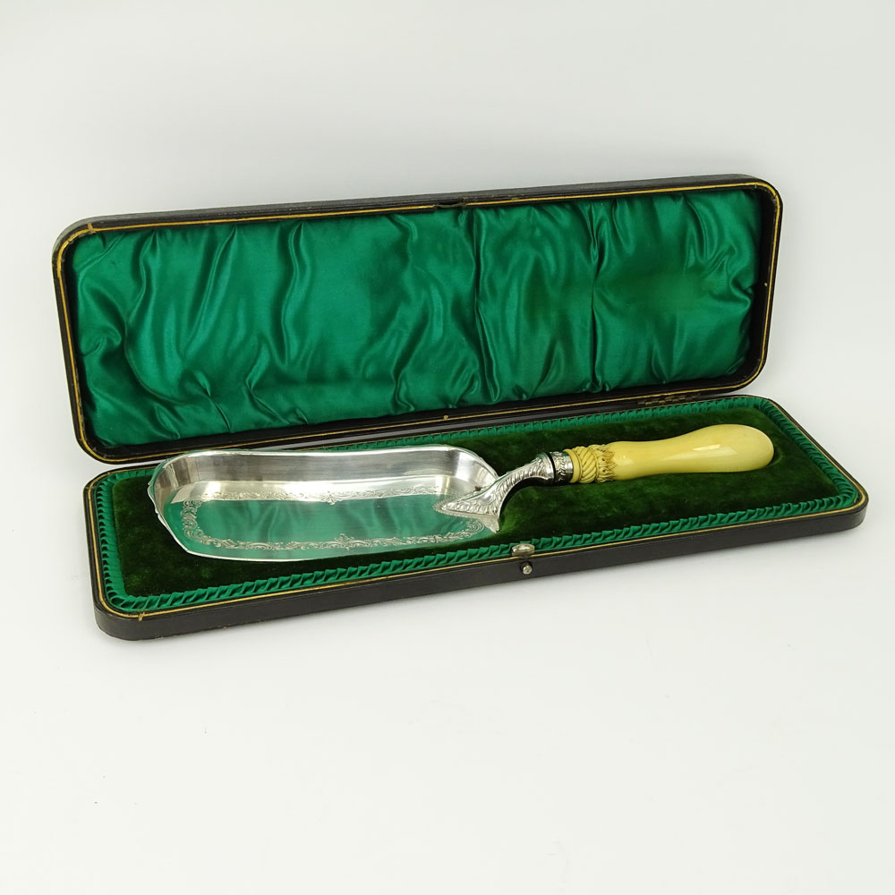 19th Century Victorian Sheffield Sterling Silver Crumber With Carved Ivory Handle. In fitted Case.