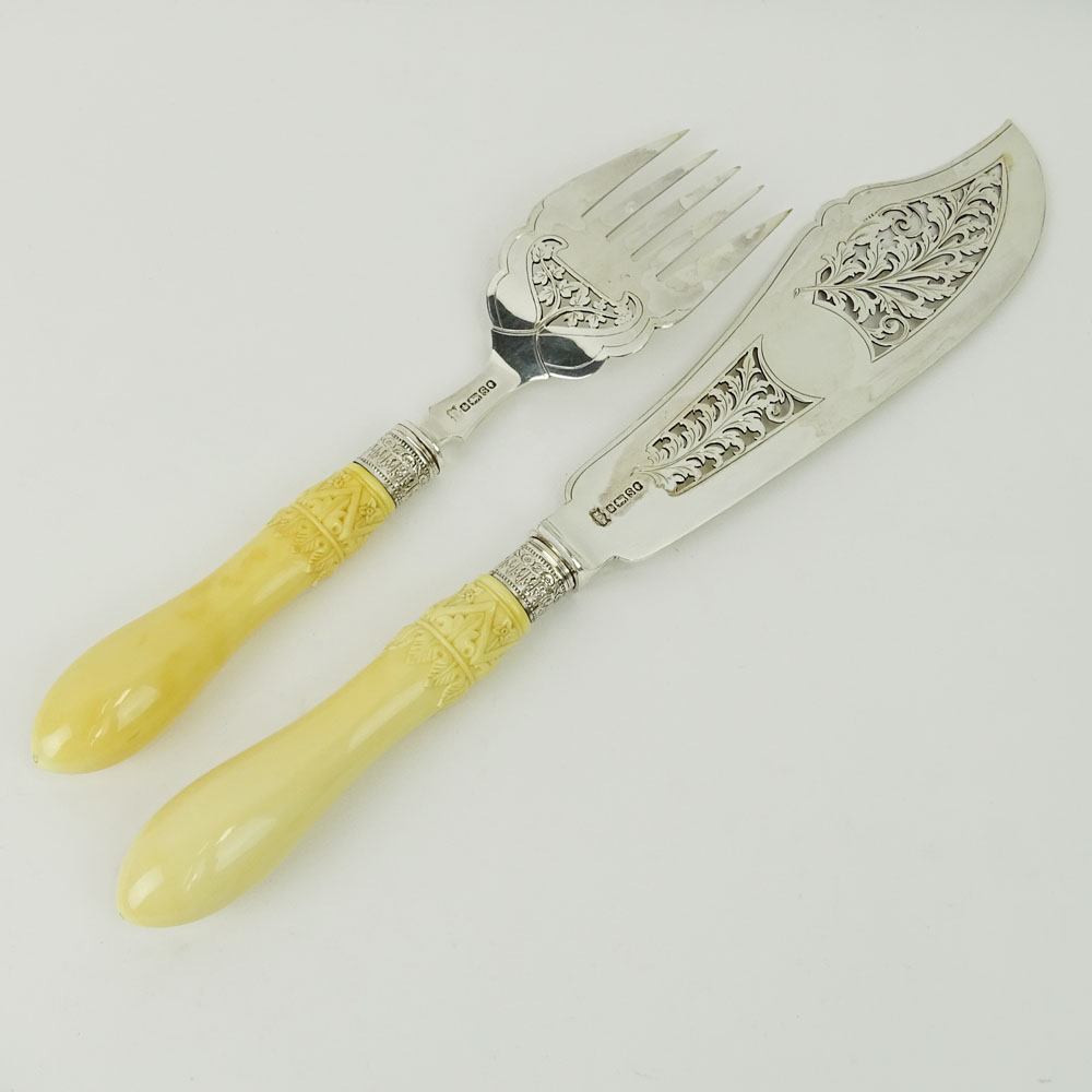 19th Century Victorian Sheffield Sterling Silver Fish Set With Carved Ivory Handles.